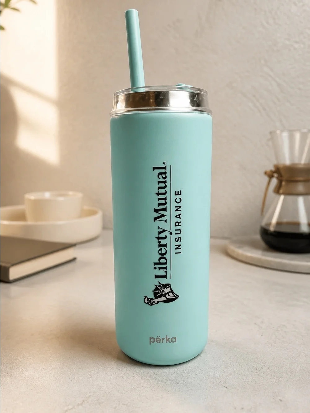NWOT Perka Teal Green Vacuum Insulated Tumbler Advertised Liberty Mutual Ins